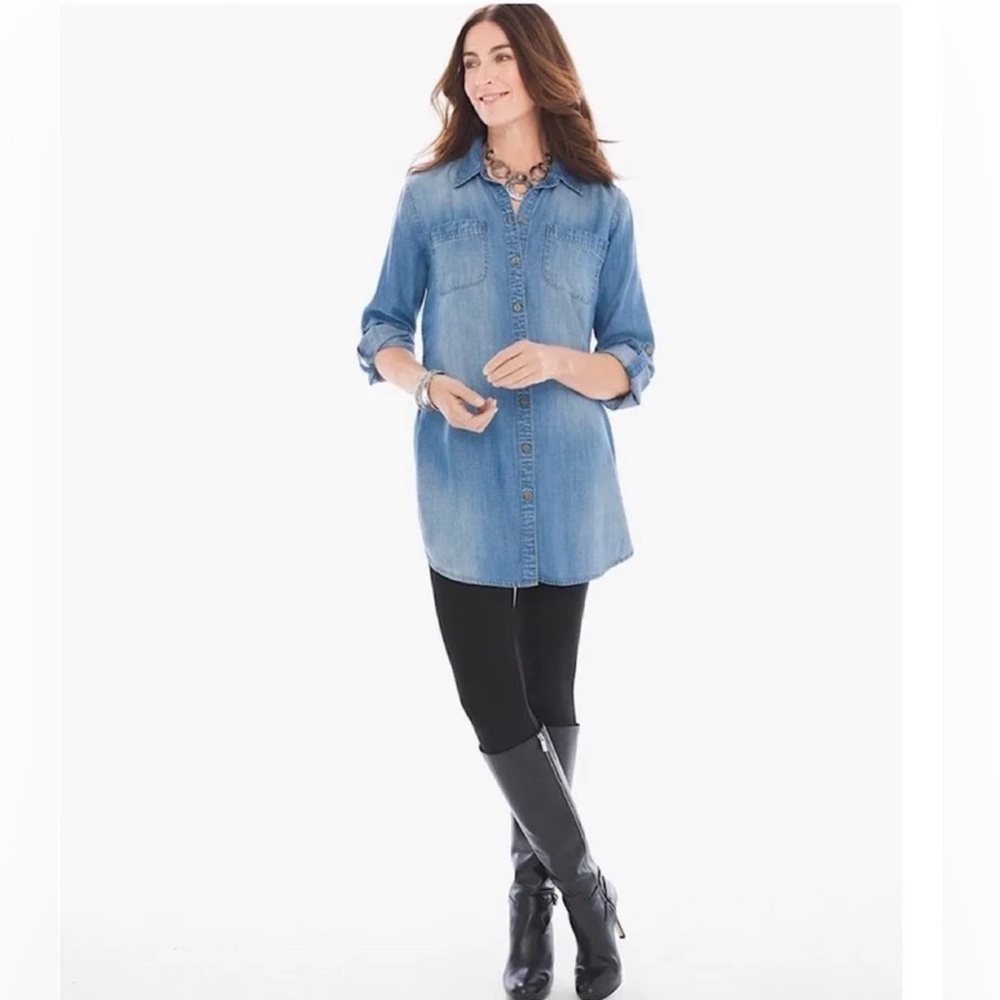 Chicos Long Denim Shirt Blue Button Up Roll
Tab Sleeves Lyocell Easy Care